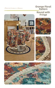 Macro detail of pastoral oil painting style round tablecloth with white fringe tassels