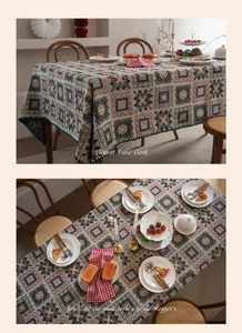 Dettaglio tovaglia jacquard vintage francese con motivi geometrici e patchwork colorato