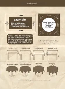 Size guide for French luxury jacquard tablecloth showing drop length and dimension charts