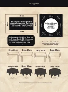 Tablecloth size chart with drop length suggestions for rectangular and round dining tables
