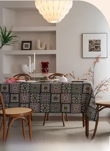 Detail of vintage jacquard tablecloth featuring bohemian geometric patterns and stitching