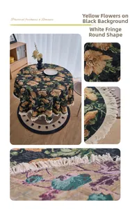 Detailed view of yellow floral patterns and white fringe on black round tablecloth