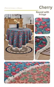 Detail showing blue jacquard round tablecloth with red cherry patterns and white fringe