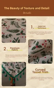 Detail of Christmas tablecloth with gold stamping, holly berry print and green tassels