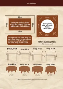 Tablecloth size guide showing overhang recommendations for dining and coffee tables