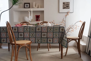 Macro detail of Bohemian jacquard tablecloth with vintage geometric patterns and textures