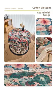 Close-up of vintage kapok flower jacquard fabric with elegant white tassel fringe edges