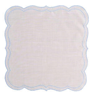 Linen placemat with scalloped edges and blue floral embroidery in French cloud style