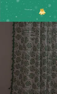 Close-up of green floral curtain with tassel fringe and 50% light filtering fabric
