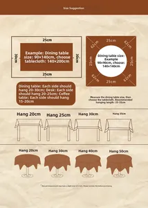 Size guide for Christmas tablecloths showing rectangle and round dimensions with drop length tips