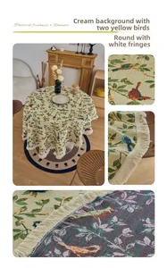 Close-up of thick beige jacquard tablecloth with floral bird pattern and white fringe