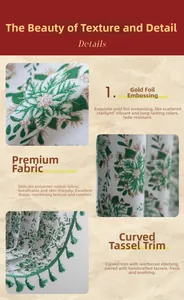 Detail of green holly leaf gilding on thick poly-cotton fabric with tassel fringe