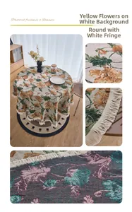 Close-up of yellow floral pattern and white tassel fringe on thick fabric round tablecloth