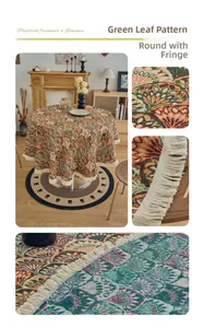 Detailed view of green ginkgo leaf pattern jacquard tablecloth with white fringe tassels
