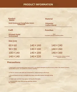 Detailed size guide and care instructions for festive green gold floral tablecloth