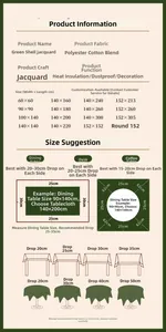 Size guide for monstera jacquard tablecloth with fabric details and dimension suggestions