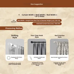 Size guide for green Christmas curtains showing rod pocket and hook installation methods