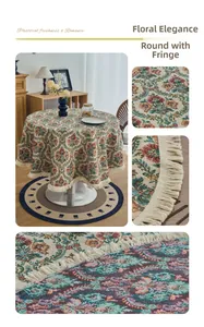 Macro detail of round tablecloth featuring vintage floral jacquard and white fringe trim