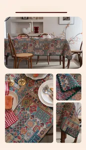 Detailed close-up of Bohemian jacquard tablecloth with colorful geometric patterns and green crochet edge