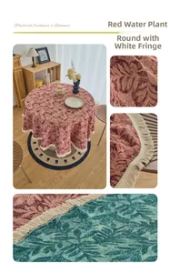 Detail of red water grass pattern jacquard round tablecloth with white fringe tassels