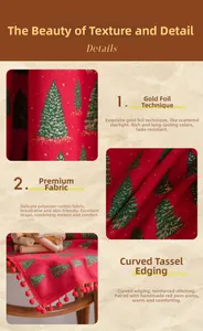 Detail of red Christmas curtain with gold-stamped tree pattern and pompom tassel fringe