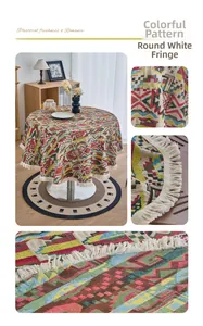 Detailed macro view of bohemian jacquard fabric with colorful patterns and white tassels