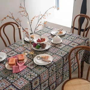 French Vintage Jacquard Tablecloth Geometric Patchwork Embroidery Tassel Border Blended Fabric Dining Table Cover Home