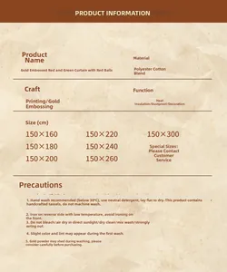 Size chart for Christmas red curtains featuring gold stamping and washing instructions