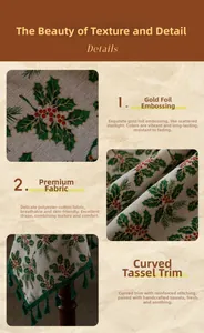 Detail of Christmas tablecloth featuring gold stamping holly leaves and green tassels