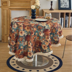 American Style Round Tablecloth Jacquard Weaving Vintage Floral Pattern Tassel Fringe Washable Dustproof Table Cover Home Kitchen