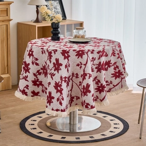 Vintage red and white floral round tablecloth with fringe tassels for dining tables