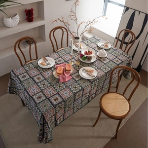 French vintage patchwork tablecloth with colorful bohemian geometric patterns and piping