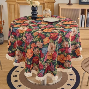 Retro floral jacquard round tablecloth with white tassels for vintage dining decor