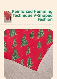 Detail of red Christmas table runner featuring golden glitter trees and reinforced edges