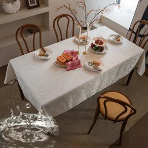 French cream white floral jacquard tablecloth with thick waterproof fabric and wavy edges