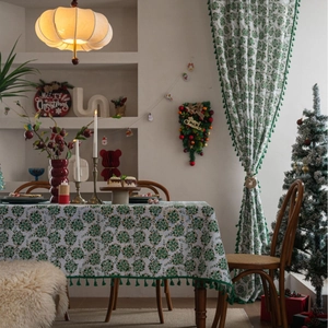 Christmas Tablecloth Rectangular Cotton Linen Blend Bronzing Floral Pattern With Tassel Fringe Holiday Dining Room Decor