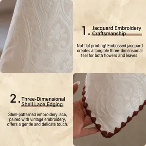 French luxury table cloth with 3D floral jacquard and brown scalloped embroidery edges