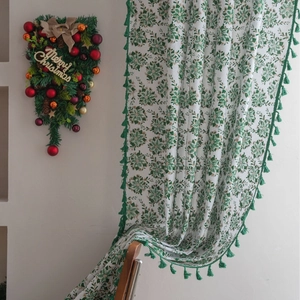 Christmas Holly Leaf Gilded Cotton Linen Cafe Curtain With Green Pom Pom Tassels Semi Shading Window Curtain Home Decor