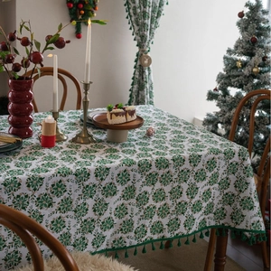 Christmas forest pattern tablecloth with green tassels for rectangular dining table