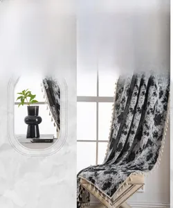Detail of floral jacquard curtain with elegant cream tassels and fine polyester fabric