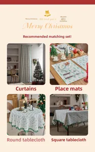 Detailed Christmas table runners and curtains with green tree patterns and fringe details