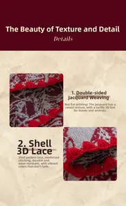 Detail of red jacquard tablecloth with double-sided weaving and embroidered shell edges