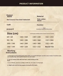 Size chart for jacquard tablecloth showing dimensions, fabric care, and washing instructions