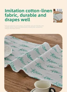 Detail of green pine needle print on durable faux linen poly-cotton table runner fabric