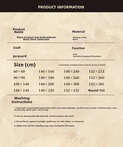 Size chart for black jacquard tablecloth showing material and various dimensions