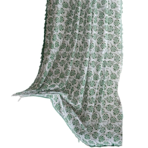Green mandala print curtain with pompom trim for kitchen and balcony window decor