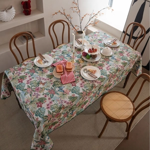 Bohemian floral tablecloth with tropical monstera leaves and pink flowers pattern