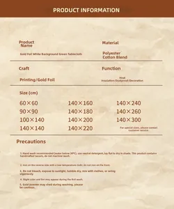 Size chart for green Christmas pine tree tablecloth with detailed washing instructions