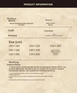 Size chart and washing guide for floral printed cream curtains made of poly-cotton blend