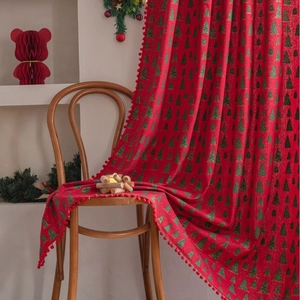 Red Christmas Curtains Bronzing Xmas Tree Printed Cotton Linen Window Drape With Pom-pom Trim For Kitchen Dining Room Home Festive Decoration